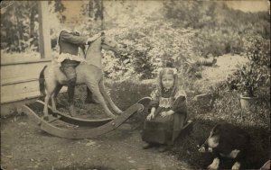 Children Antique Rocking Horse Bassett Hound Dog Real Photo c1910 Postcard