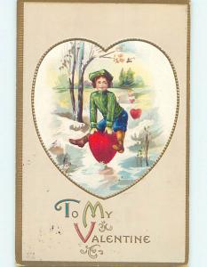 Divided-Back Valentine CHILD JUMPING OVER A HEART IN THE SNOW o5264