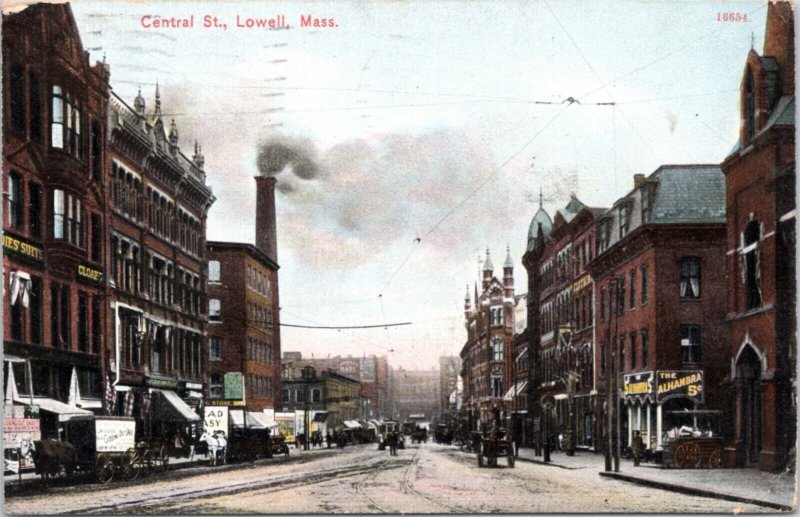 Postcard MA Lowell - Central Street - The Alhambra