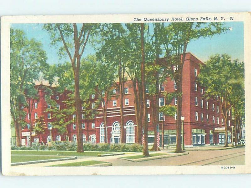 Damaged back Linen HOTEL SCENE Glens Falls - Lake George New York NY H1058