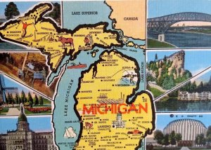 Michigan Map Collage Postcard Linen Unused E.C. Kropp Lakes Buildings Bridges