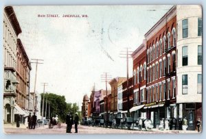 Janesville Wisconsin WI Postcard Main Street Busy Day Building Classic Cars 1911