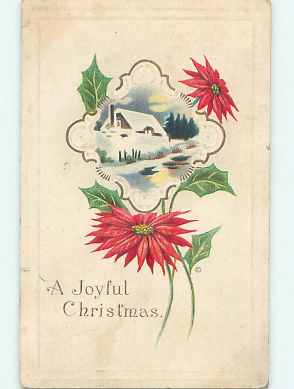 Divided-Back christmas POINSETTIA FLOWERS & WINTER SCENE o4202