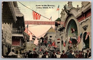 1914 Bowery Coney Island New York NY Crowded Public Park Scene Posted Postcard