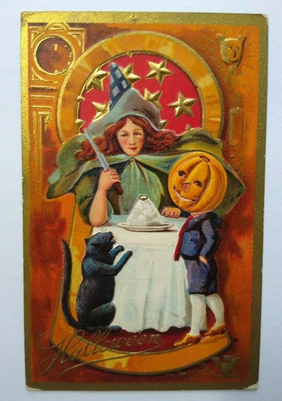 Halloween Postcard Nash Witch Black Cat Goblin Witch Series 3 Embossed Keyhole