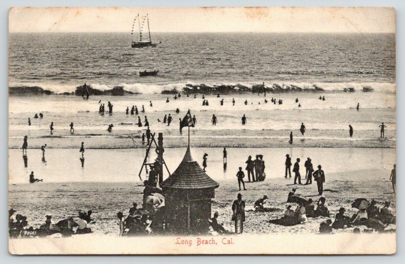 Long Beach California~Beach Bathing Scene~Changing Cabin~Ship on Water~c1910