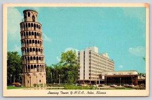 Niles Illinois~Leaning Tower Replica~YMCA Recreation Bldg~Cars~1950s Postcard