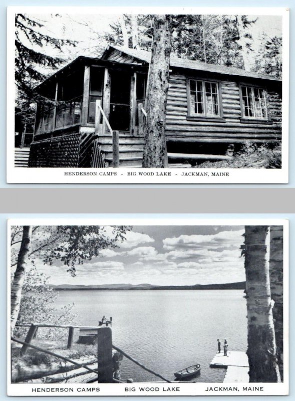 2 Postcards JACKMAN, Maine ME ~ Log Cabin HENDERSON CAMPS Big Wood Lake c1950s