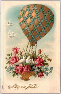 1910's All Good Wishes Flower on Parachute with Dove on it Posted Postcard