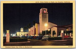 Los Angeles California CA, Union Station at Night, Car Parking, Vintage Postcard