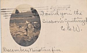 BAREFOOT YOUNG LADY STEPPING ON ROCKS IN RIVER~REAL PHOTO POSTCARD 1905