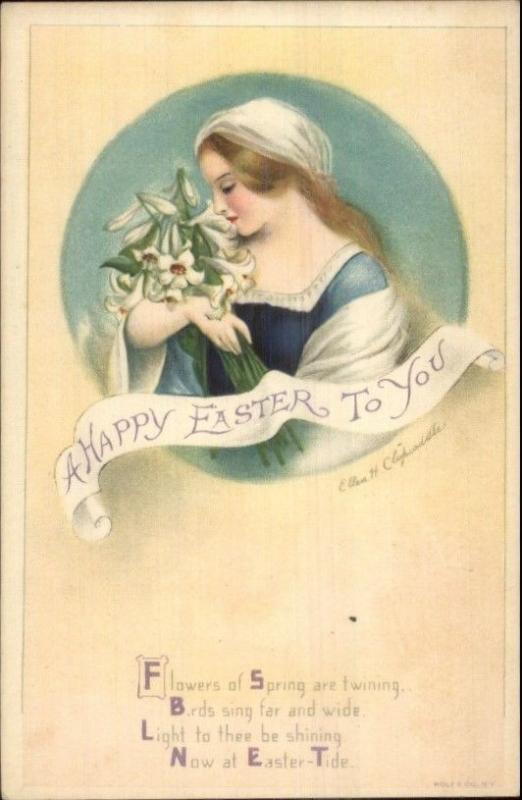 Ellen Clapsaddle Easter - Beautiful Woman Bouquet of Lilies c1915 Postcard