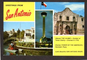 TX Greetings From San Antonio Texas Alamo, River, Tower of Americas Postcard