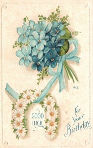 ?Vintage Postcard 1910's Good Luck For Your Birthday Greetings Card Blue Flowers