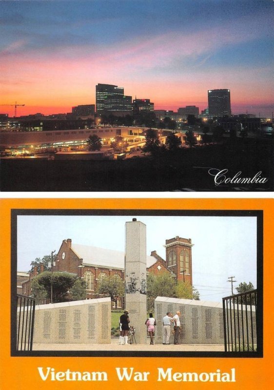 2~4X6 Postcards Columbia, SC South Carolina NIGHT SKYLINE & Vietnam War Memorial