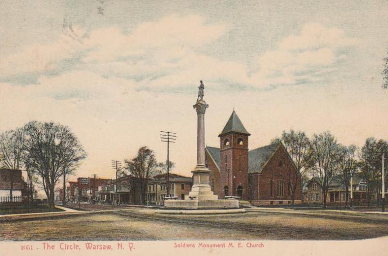 The Circle Warsaw NY New York Soldier's Monument and Methodist Church - pm 1908