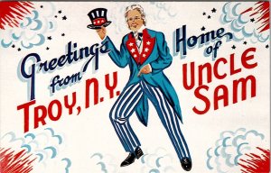 Greetings From Troy NY Home of Uncle Sam Postcard Y6