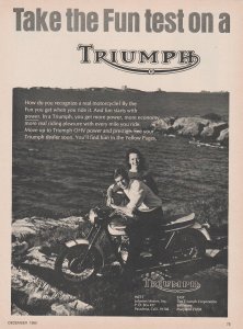 1966 Print Ad Triumph Motorcycle , Couple by the Ocean, Take the Fun Test