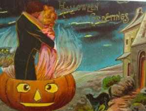 Halloween Postcard Haunted Castle Fantasy Kissing Couple Antique Sanders Unused  