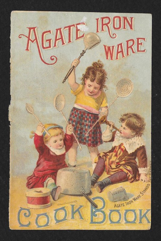 VICTORIAN TRADE CARD Agate Iron Ware Kids Playing Pan & Spoons