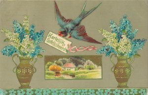 Happy Birthday Blue Flowers and Swallow Embossed Vintage Postcard 07.84 