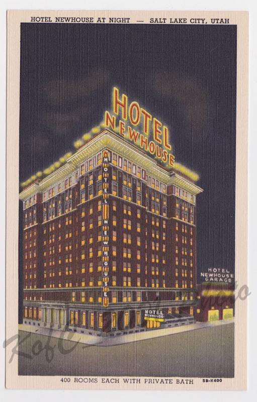Hotel Newhouse Night View Salt Lake City Utah Curteich Vintage Postcard