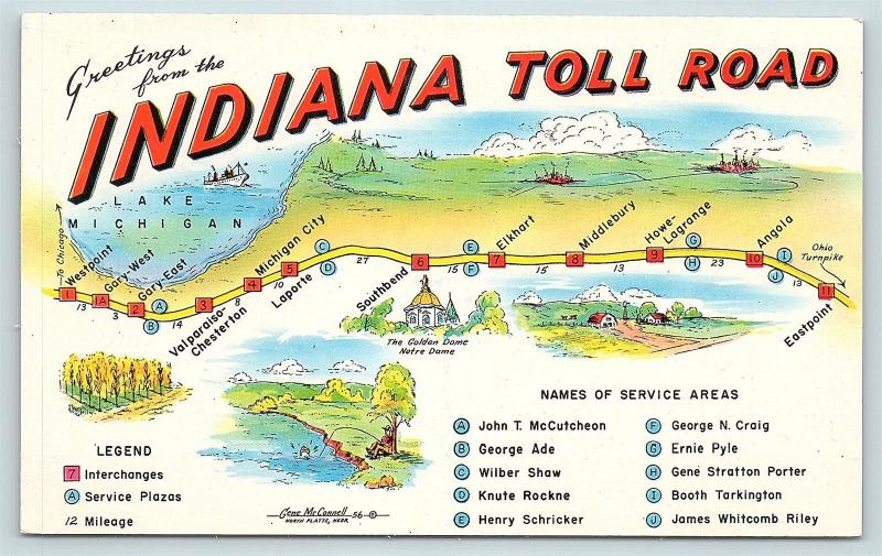 Postcard IN Map of Indiana Toll Road Service Areas D12