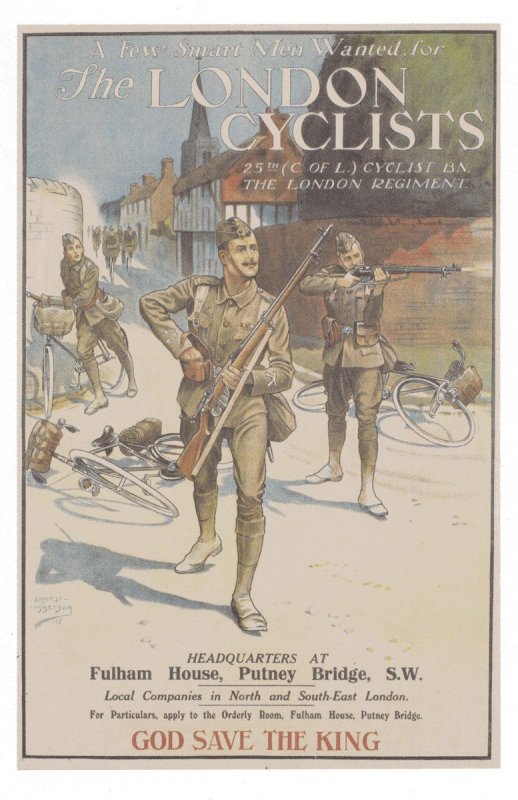 The London Cyclists Bicycle War WW1 Fulham Poster Military Postcard