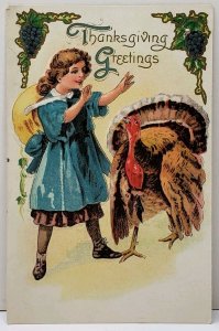 Thanksgiving Greeting Embossed Girl Playing With Turkey Postcard A18