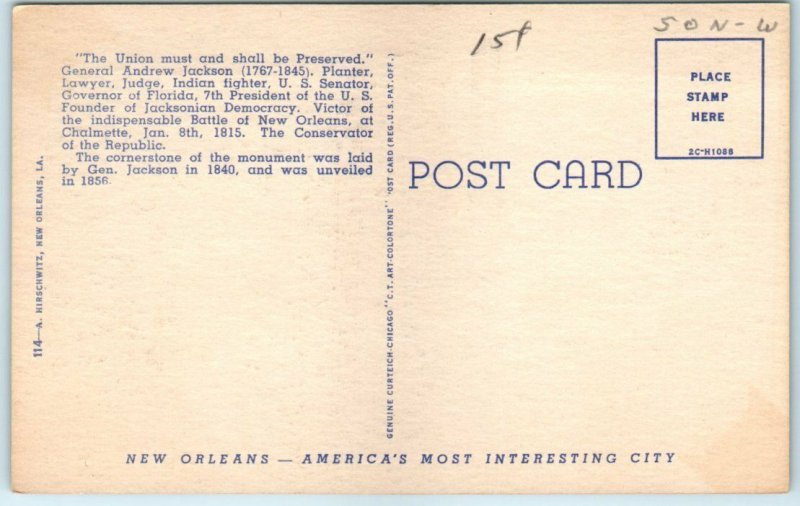 Postcard - Jackson Monument, New Orleans, Louisiana