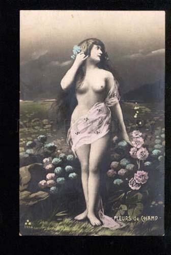 034927 NUDE Lady w/ Very LONG HAIR as MERMAID Nymph Vintage PC