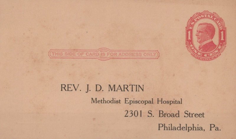 Postcard Rev JD Martin Methodist Episcopal;l Hospital Philadelphia PA