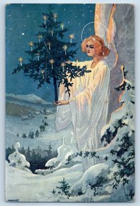 c1910s Christmas Angel With Christmas Tree Candle Lights Czech Republic Postcard