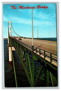 Vintage 1972 Postcard Panoramic Old Cars Travel on Mackinac Bridge Michigan