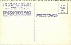 Linen Postcard Guenther's Murrieta Mineral Hot Springs in California~134374