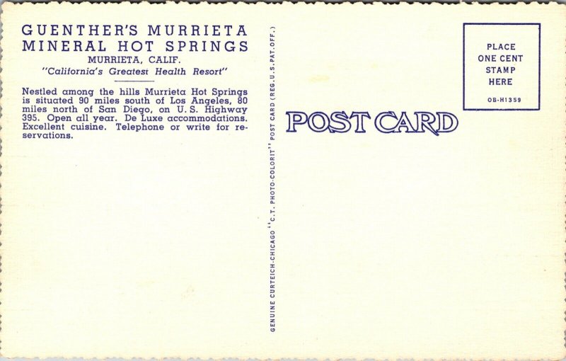 Linen Postcard Guenther's Murrieta Mineral Hot Springs in California~134374