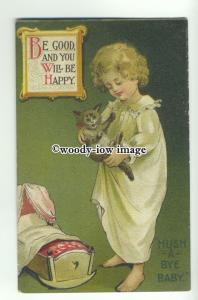 su2290 -  Hush A Bye Baby Young Boy trying to put Kitten to Bed -  postcard