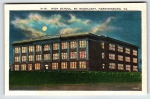 High School By Moonlight Building Harrisonburg Virginia Postcard Linen Unposted