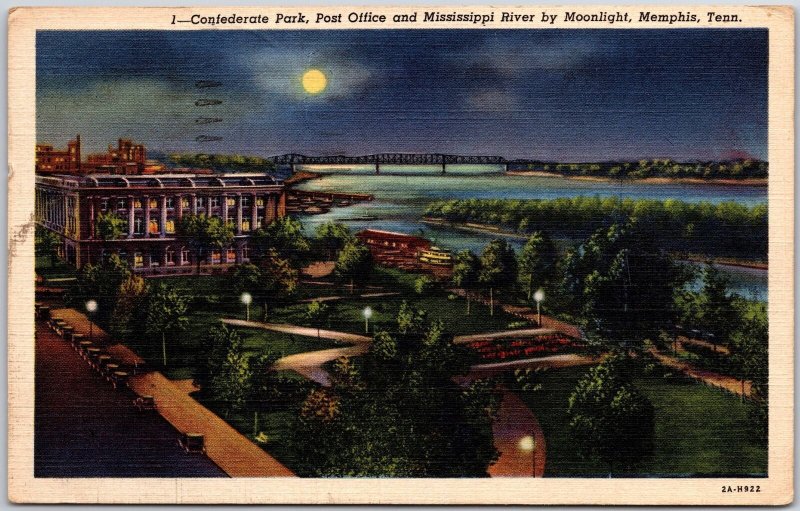 Memphis Tenn., 1946 Confederate Park, Post Office, Mississippi River, Postcard