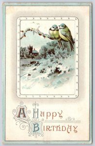 1910's A Happy Birthday Birds On To Wake Winter Landscape, Vintage Postcard