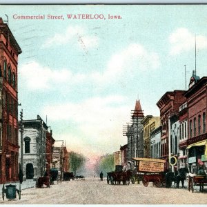 1909 Waterloo, IA Commercial St. Downtown Litho Photo Postcard Main Street A38