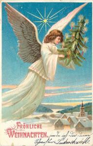 1904 German Chromograph Christmas Postcard W1 2071 Flying Angel over Town w Tree