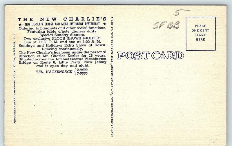 Postcard NJ Little Ferry Charlie's Restaurant Vintage Linen  R33