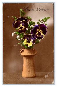 RPPC Tinted Flower Vase Bonne Annee New Year  Postcard U22