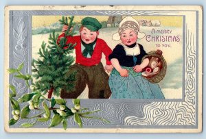 Christmas Postcard Dutch Kids With Pine Tree Winter Scene Mistletoe Embossed