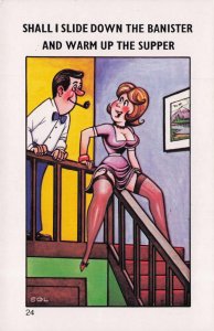 Sliding Down The Bannister Sexy Lady Pipe Smoking Comic Postcard