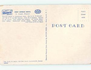 Unused Pre-1980 OLD CARS & PONY EXPRESS MOTEL St. Joseph Missouri MO M0316