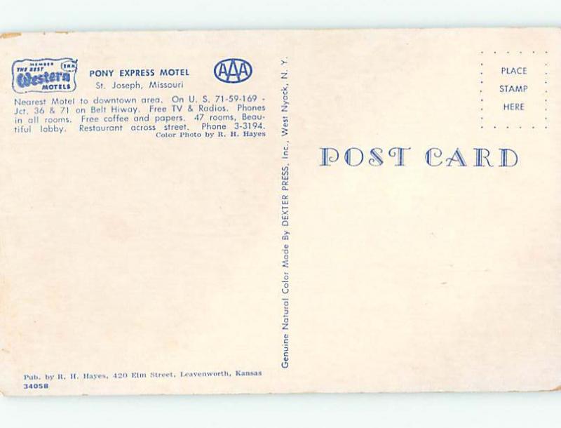 Unused Pre-1980 OLD CARS & PONY EXPRESS MOTEL St. Joseph Missouri MO M0316