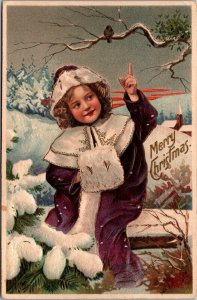 Merry Christmas Embossed Postcard Girl Winter Scene Snow Birds Church JA9