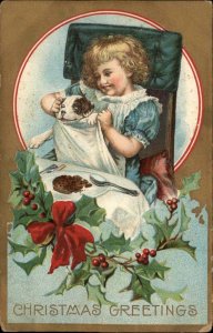 Christmas Little Girl and Pit Bull Pitbull Puppy Dog at Table c1910 Postcard